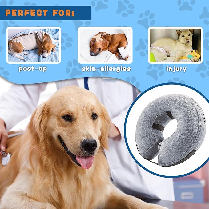 Inflatable Dog Cone Collar (M Size), Soft Blow-up Protective Recovery Dog Collar, Pet Donut Cone Collar, Comfy Elizabethan Collar After Surgery for Medium Dog to Prevent Biting Scratching, Grey