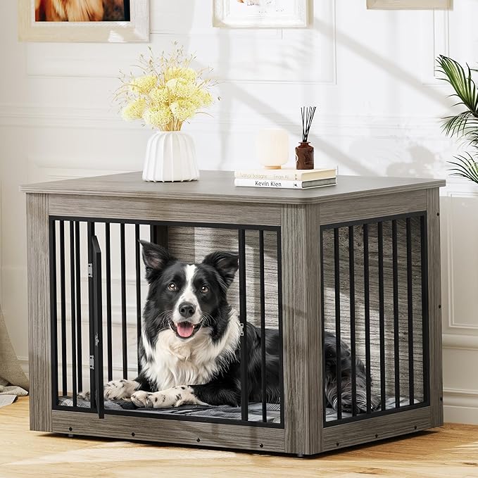 YITAHOME Dog Crate Furniture for Large Dogs, Side End Table, Modern Dogs Kennel Indoor up to 60 lb, 2-in-1 Iron-Wood Fusion Dog Cage with Waterproof Top, Safety Corners, Steel Lock,38" L,Greige