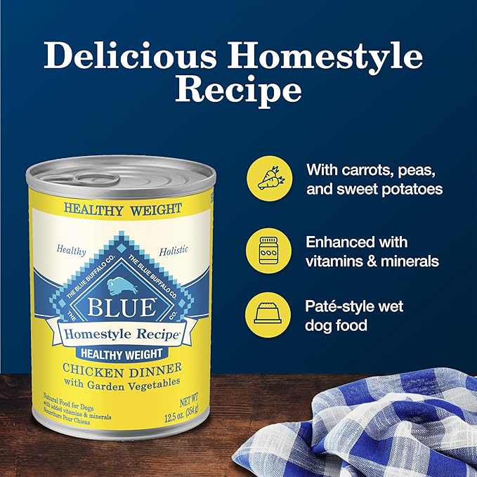 Blue Buffalo Homestyle Recipe Healthy Weight Adult Wet Dog Food, Beef Dinner With Garden Vegetables, 12.5-oz. Can (Pack of 12)