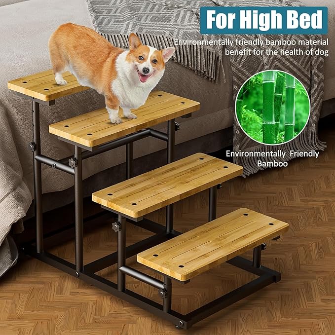 Deformable Bamboo Pet Dog Stairs Dog Steps for High Bed & Couch, Adjusted 4 or 3 Ladder Dog Step Pet Stairs, Metal & Non-Slip Bamboo Board Pet Step Cat Stairs Steps for Small Medium Dogs