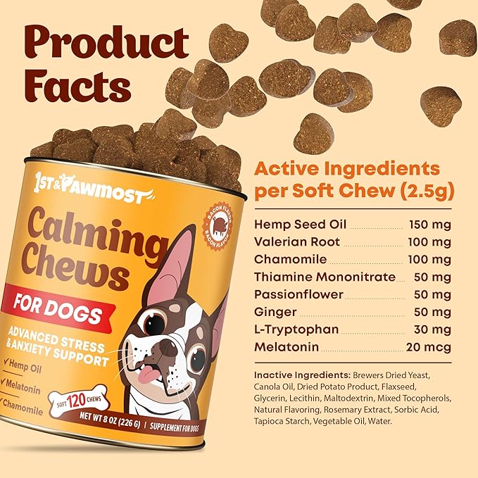 Hemp Calming Chews for Dogs 120 pcs - Dog Anxiety Relief with Melatonin, Hemp Oil, Valerian Root - Soft Dog Calming Chews during Separation - Calming Dog Treats for Thunder, Fireworks, Grooming & Car