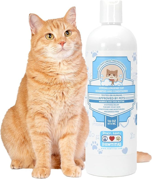 Pawtitas Cat Shampoo Natural Cat Grooming Supplies Shampoo for Cats Fragrance Free Shampoo Kitten Shampoo Organic Oatmeal - 16 Fl Oz Shampoo for Cats