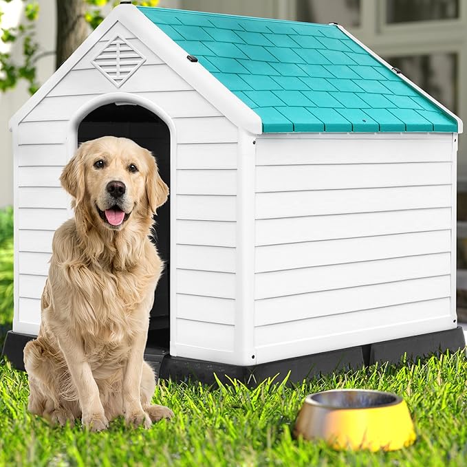 DWVO Large Plastic Dog House, Weatherproof Outdoor/Indoor Doghouse, Puppy Kennel with Air Vents and Elevated Floor, 41.3''L*38''W*38.8''H, Blue