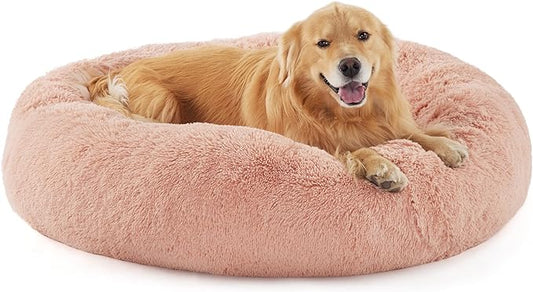 Bedsure Calming Dog Bed for Extra Large Dogs - Donut Washable Large Pet Bed, Anti-Slip Round Fluffy Plush Faux Fur Dog Bed, Fits up to 125 lbs Pets, Pink, 45 inches