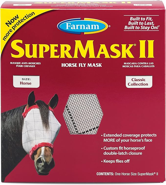 SuperMask II Fly Mask Without Ears for Average Size Horses, Full Face Coverage and Eye Protection from Insect Pests, Structured Classic Styling Mesh with Plush Trim, Horse Size