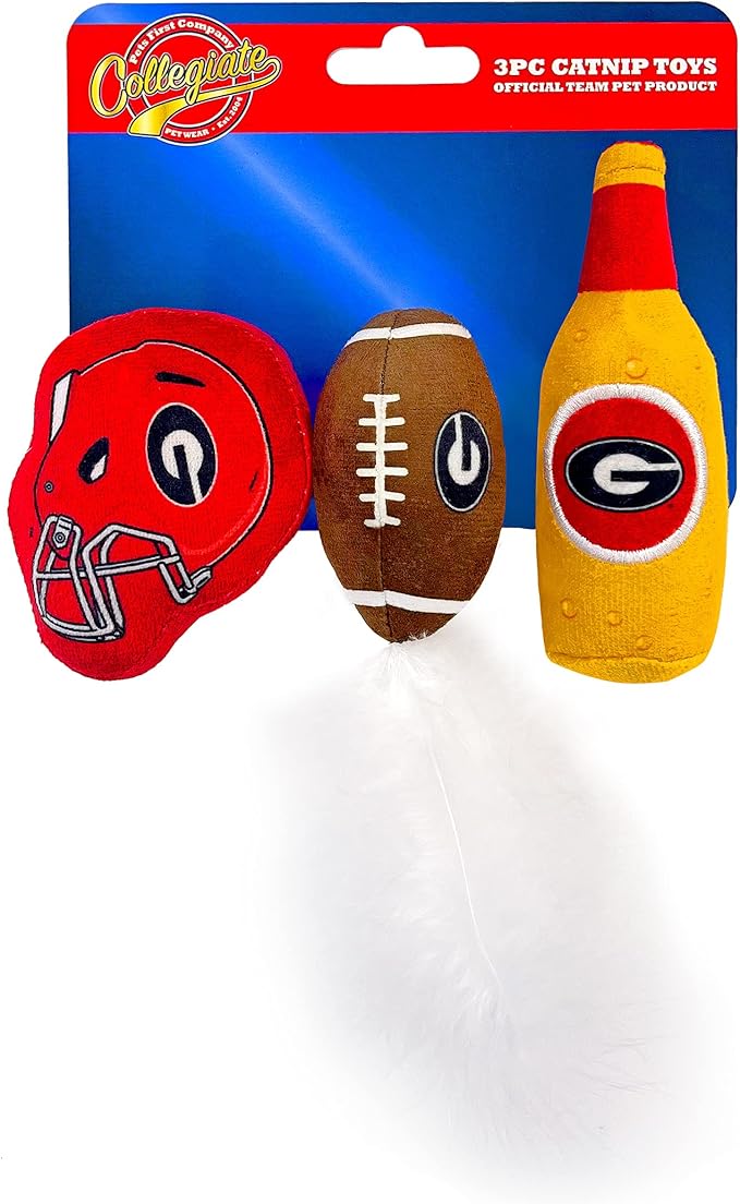 BEST PLUSH CAT TOY - NCAA GEORGIA BULLDOGS Complete Set of 3 piece Cat Toys filled with Fresh Catnip. Includes: 1 Helmet Cat Toy, 1 Football Cat Toy with Feathers & 1 Beer Bottle. Beautiful Team LOGOS