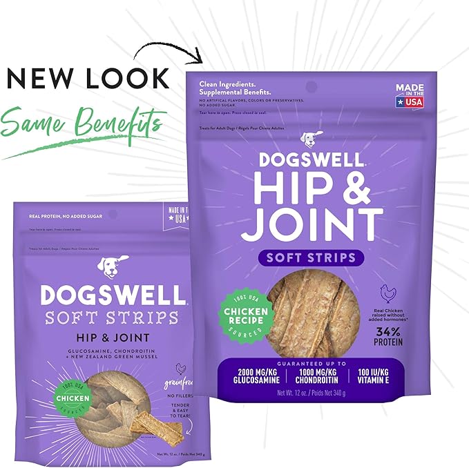 DOGSWELL Hip & Joint Dog Treats 100% Meaty, Grain Free, Glucosamine Chondroitin & Omega 3, Chicken Soft Strips 12 oz