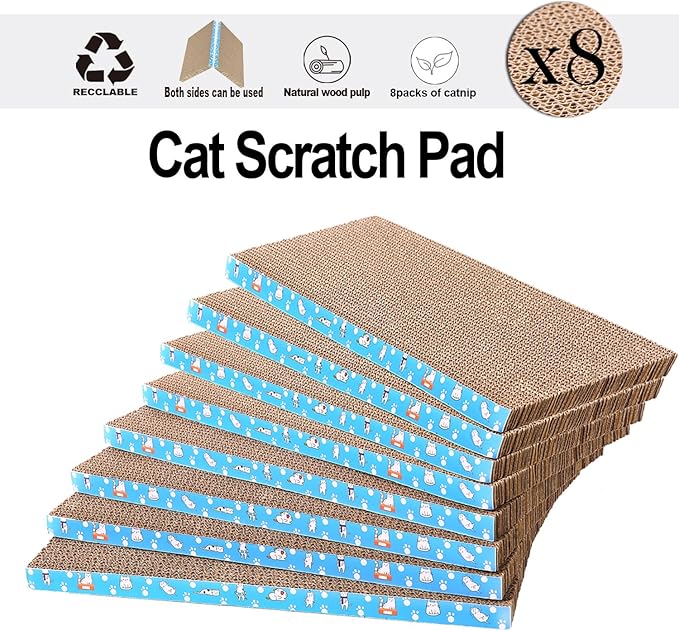 8 Packs in 1 Cat Scratch Pad, Cat Scratcher Cardboard,Reversible,Durable Recyclable Cardboard, Premium Scratch, Suitable for Cats to Rest, Grind Claws and Play (0.8" H(8 Packs))