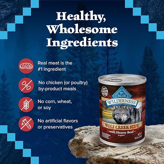 Blue Buffalo Wilderness Wolf Creek Stew Wet Dog Food, High-Protein & Grain-Free, Made with Natural Ingredients, Hearty Beef in Gravy, 12.5-oz. Cans (12 Count)