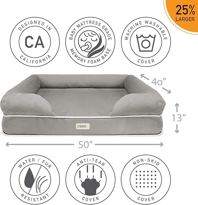 Friends Forever XX-Large Dog Bed, Orthopedic Dog Sofa Memory Foam Mattress, Calming Dog Couch Bed, Wall Rim Pillow, Water Resistant Liner, Washable Cover, Non-Slip Bottom, Chester, XX-Large Grey