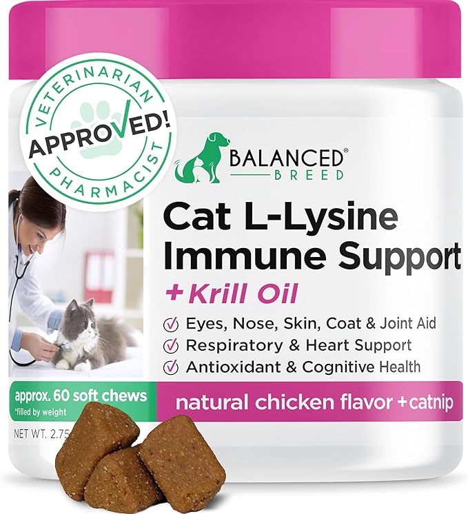 Balanced Breed L-Lysine Cats Immune Support Soft Chews Made in USA Non-GMO Vet-Pharmacist Approved Krill Oil Omega 3 Cat Vitamins Indoor Cats Supplements Asthma Relief Cat Lysine Allergy Relief 60 ct.