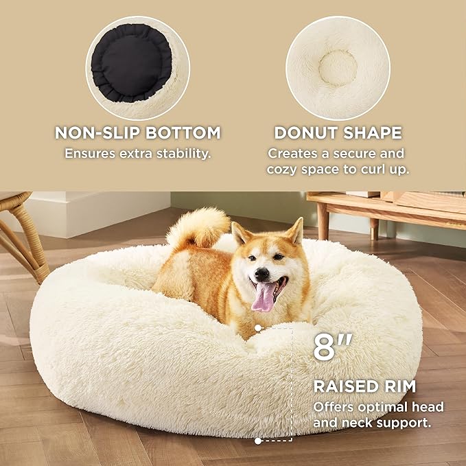 Bedsure Calming Dog Bed for Medium Dogs - Donut Washable Medium Pet Bed, Anti-Slip Round Fluffy Plush Faux Fur Cat Bed, Fits up to 45 lbs Pets, Oat Milk, 30 inches