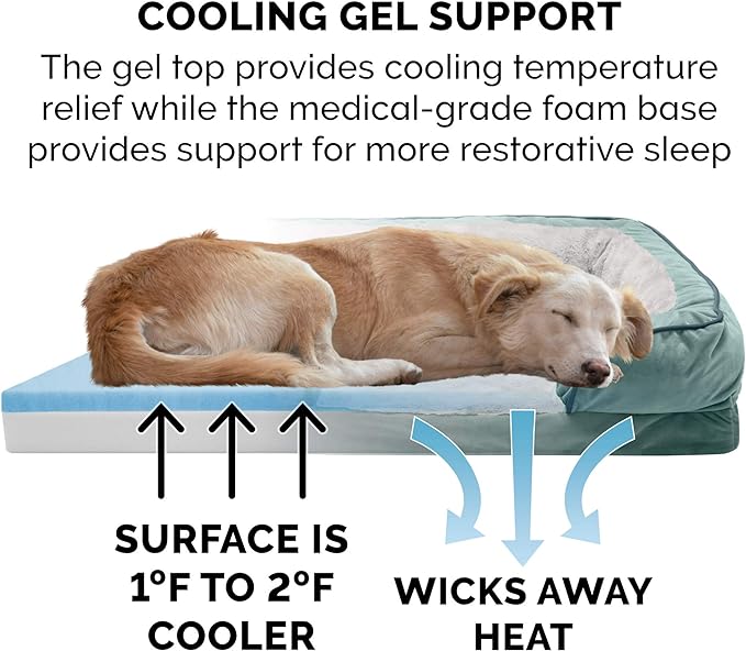 Furhaven Cooling Gel Dog Bed for Large Dogs w/ Removable Bolsters & Washable Cover, For Dogs Up to 95 lbs - Plush & Velvet Waves Perfect Comfort Sofa - Celadon Green, Jumbo/XL, 40.0" x 32.0"x 9.5"