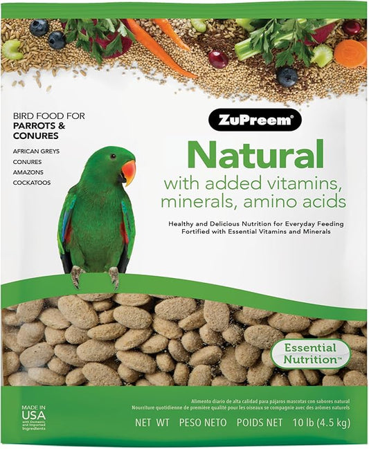 ZuPreem Natural Bird Pellets, Daily Bird Food for Parrot, Conure, Caique, African Grey, Eclectus, Small Cockatoo, Core Nutrition for Medium Large Birds, Added Vitamins, Parrot Food (M/L, 10 lb)