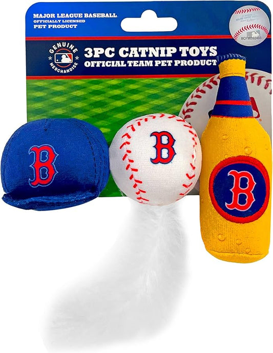 BEST PLUSH CAT TOY MLB BOSTON RED SOX Complete Set of 3 piece Cat Toys filled with Fresh Catnip. Includes: 1 Baseball Cap Cat Toy, 1 Baseball Cat Toy with Feathers & 1 Beer Bottle. Beautiful Team LOGO