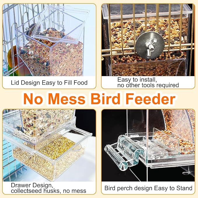 No Mess Bird Feeder with Water Dispenser, Automatic Parrot Feeder Drinker Parakeet Seed Dispenser Food Container with Cage Perch for Lovebirds Conures Budgies Canary Finch (4Pcs)