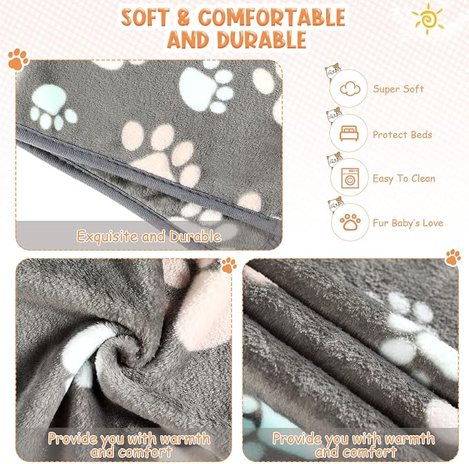 4 Pcs Pet Blanket Dog Puppy Blanket Paw Print Fleece Blanket for Small Medium Pet Dog Cat Warm Soft Sleep Mat Guinea Pig Cage Liners Blanket (Dark Gray,Small(24 x 16 Inch))