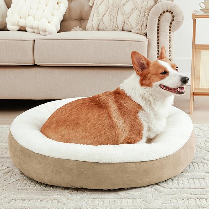 Love's cabin Round Donut Cat and Dog Cushion Bed, 25in Pet Bed for Small or Medium Dogs, Anti-Slip & Water-Resistant Bottom, Soft Durable Fabric Pet Beds, Washable Calming Cat & Dog Bed Camel