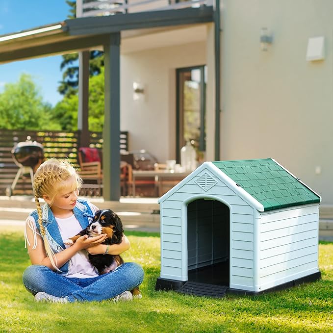 DWVO Large Outdoor Dog House, Plastic Doghouse with Air Vents and Ground Nails, Insulated Water Resistant Puppy Shelter for Small Medium Dogs (28.5''L x 26''W x 28''H, Green)