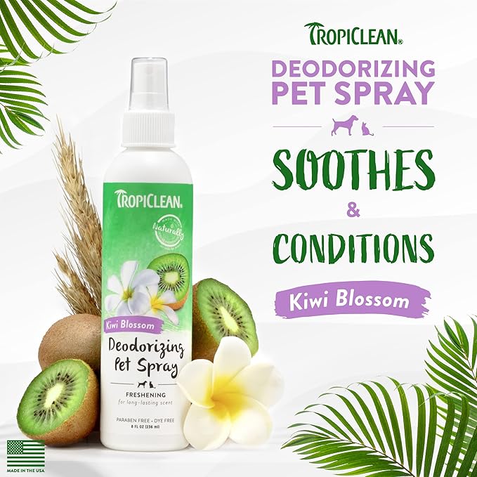 TropiClean Kiwi Blossom Dog Perfume Spray Long Lasting | Naturally Derived Odor Removing Dog Deodorizing Spray | Cat Friendly | Made in USA | 8 oz.