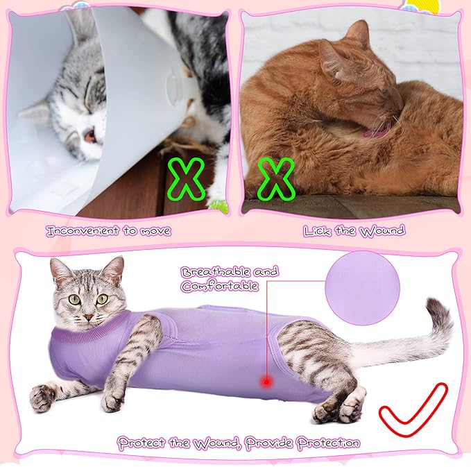 3 Pieces Cat Recovery Suit Kitten Recovery Suit E-Collar Alternative for Cats and Dogs Abdominal Skin Anti Licking Pajama Suit (Medium, Solid Pattern)