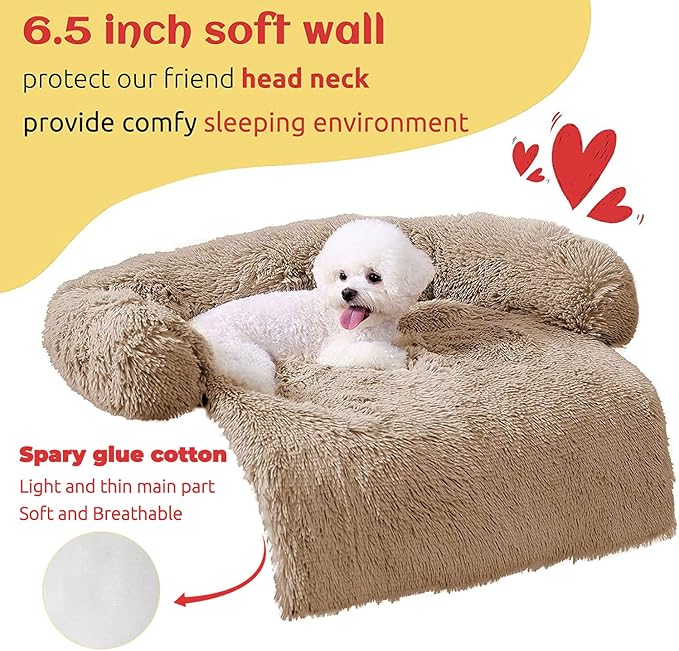 HACHIKITTY Calming Dog Sofa Bed Mat, Washable Plush Couch Cover for Dog, Furniture Protector Pet Sofa Mat for Dogs and Cats, Fluffy Dog Couch Bed with Anti-slip Bottom (37"x 33"x 6", Camel)