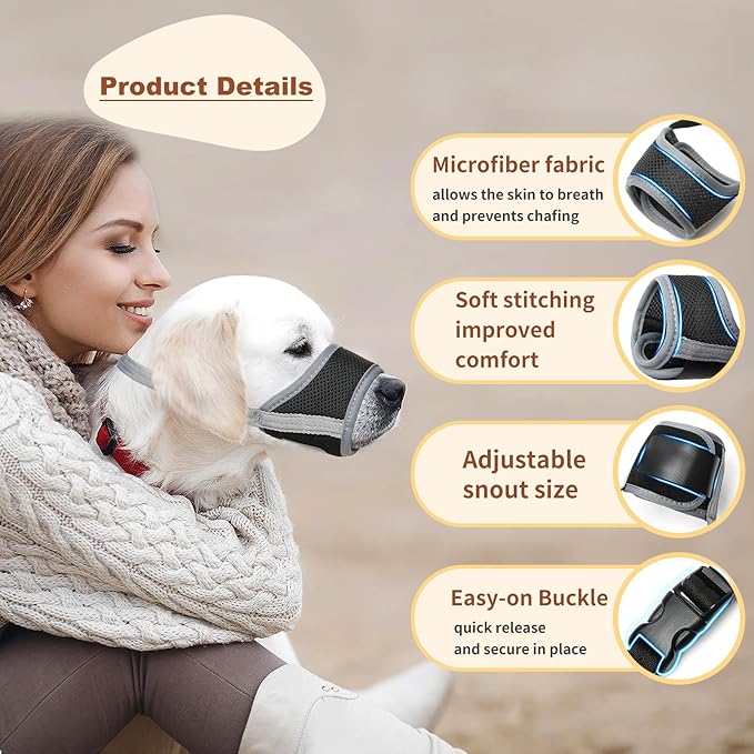 HEELE Dog Muzzle,Soft Nylon Muzzle Anti Biting Barking Chewing,Air Mesh Breathable Drinkable Adjustable Loop Pets Muzzle for Small Medium Large Dogs 4 Colors 4 Sizes