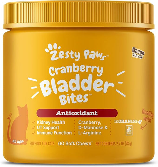 Zesty Paws Cranberry Bladder Bites for Cats - Kidney & Urinary Tract Health - Soft Chews with D-Mannose, Vitamin B6 & L-Arginine - Immune & Gut Support - Bacon - 60 Count