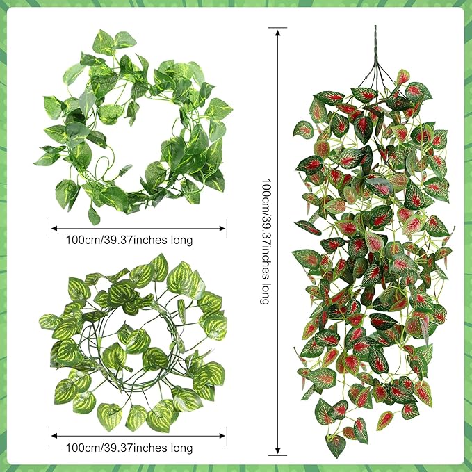 6 Pcs Reptile Plants for Terrarium Decor Reptile Tank Accessories Fake Hanging Plant Vines Artificial Leaves Plants Tank Habitat Decor for Bearded Dragon Lizard Snake Geckos Chameleon