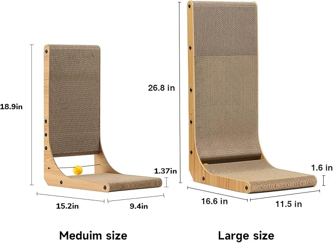 FUKUMARU Cat Scratcher, 18.9 Inch L Shape Cat Scratch Pad, Vertical Cat Scratcher Wall Mounted, Cat Scratching Cardboard with Ball Toy for Indoor Cats