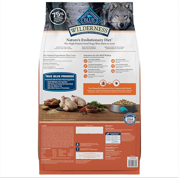 Blue Buffalo Wilderness Large Breed Adult Dry Dog Food With Real Chicken Plus Wholesome Grains, High-Protein Recipe, Made in the USA with Natural Ingredients, Chicken, 24-lb. Bag