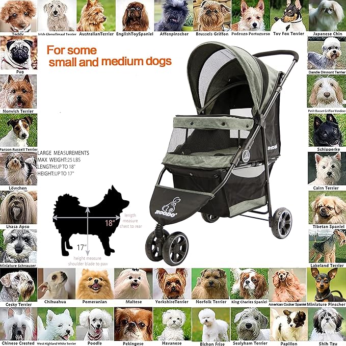 ROODO Dog Stroller 3Wheel Pet Stroller Cat Stroller Lightweight Foldable Portable Compact Jogger Pet Gear Puppy Travel Pet Stroller Suitable for 30lbs Small Dogs and Cats(Gray)