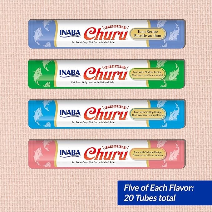 INABA Churu Cat Treats, Lickable, Squeezable Creamy Purée Cat Treat with Green Tea Extract & Taurine, 0.5 Ounces Each Tube, 20 Tubes, Tuna Variety Bag (with Salmon)