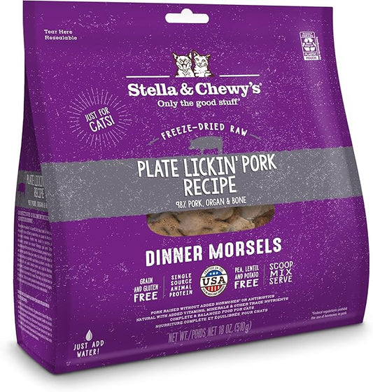 Stella & Chewy's Freeze-Dried Raw Cat Dinner Morsels – Grain Free, Protein Rich Cat & Kitten Food – Plate Lickin' Pork Recipe – 18 oz Bag