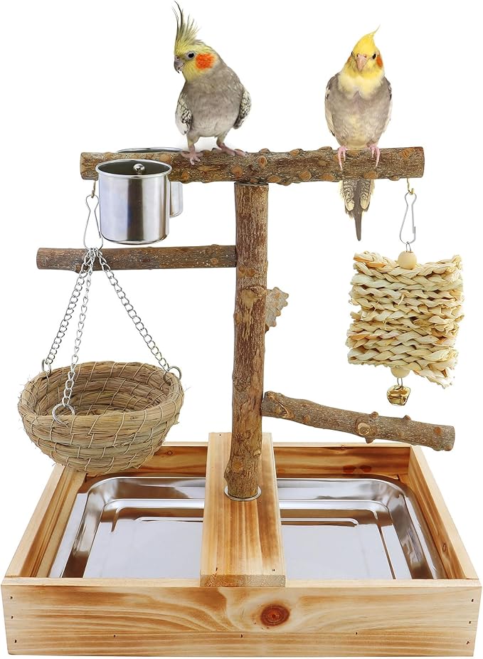 Mogoko Natural Bird Playground Bird Perches, Bird Cage Accessories, Bird Toys Playground, Bird Perch Stand Parrot stand, includes 2 Stainless Steel Cups and Removable Tray