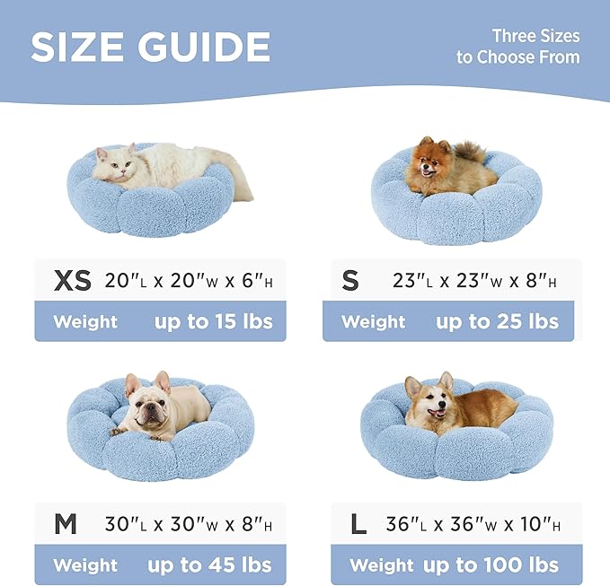 Lesure Calming Medium Dog Bed - Flower Donut Round Fluffy Puppy Bed in Plush Teddy Sherpa, Non-Slip Cute Flower Cat Beds for Indoor Cats, Medium Pet Bed Fits up to 45 lbs, Machine Washable, Blue 30"