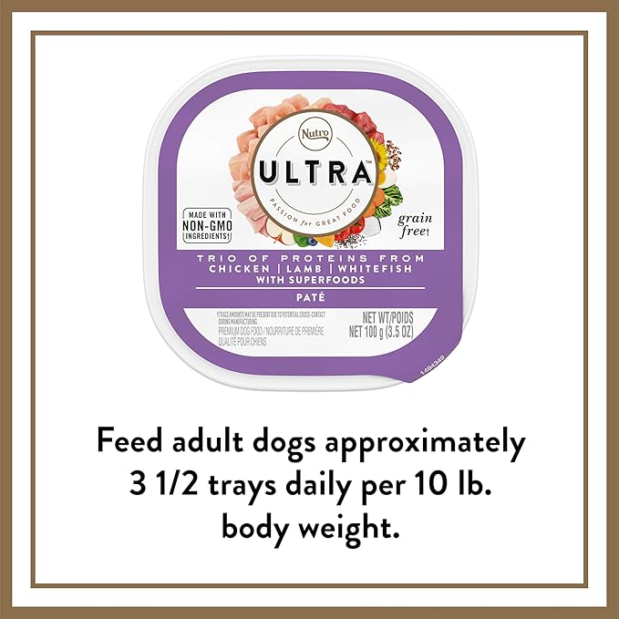 NUTRO ULTRA Adult Grain Free Soft Wet Dog Food, Trio of Proteins Chicken, Lamb & Whitefish with Superfoods Paté, 3.5 oz. Trays, Pack of 24