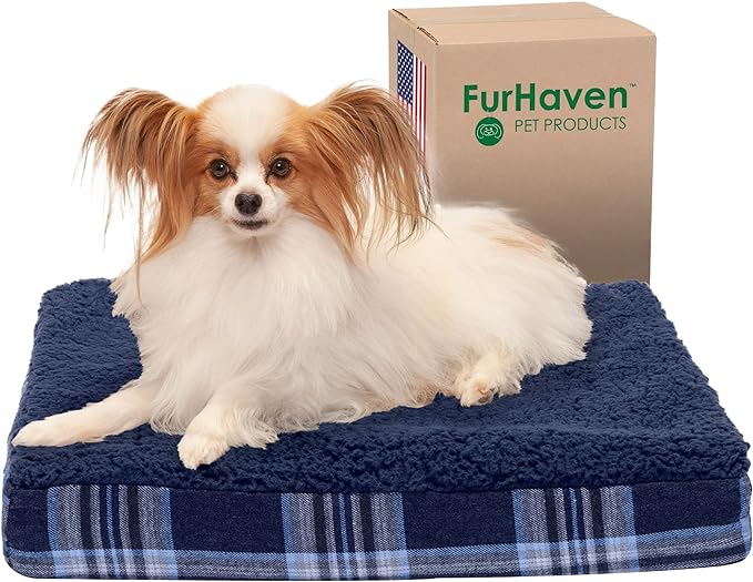 Furhaven Orthopedic Dog Bed for Small Dogs w/ Removable Washable Cover, For Dogs Up to 20 lbs - Sherpa & Plaid Flannel Deluxe Mattress - Midnight Blue, Small