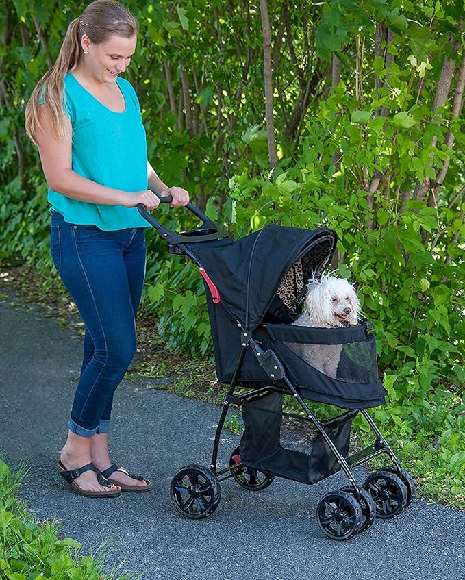 Pet Gear No-Zip Happy Trails Lite Pet Stroller for Cats/Dogs, Zipperless Entry, Easy Fold with Removable Liner, Safety Tether, Storage Basket + Cup Holder, 4 Colors