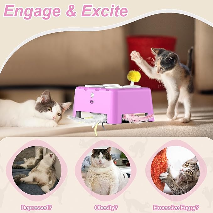 Interactive Cat Toys, 2-in-1 Automatic Cat Toy, 4 Holes Mice Whack A Mole Cat Mouse Toy with Moving Feather, Portable USB Rechargeable Electronic Kitten Toys Pink