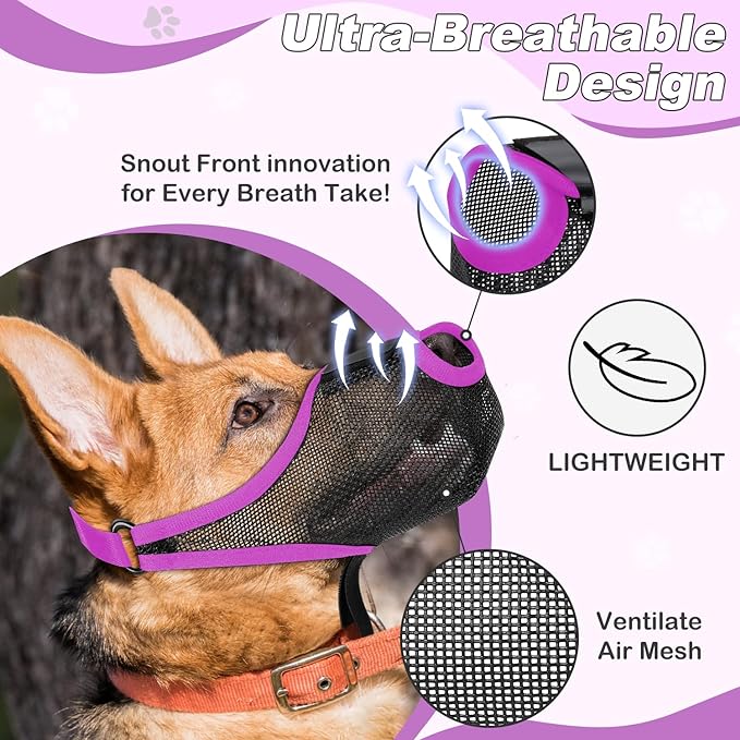 Dog Muzzle, Soft Air Mesh Muzzle for Small Medium Large Dogs Anti Biting Barking Chewing Scavenging, Breathable Adjustable Loop Pets Muzzle with Front Opening Design Allows Panting Drinking(Purple, S)