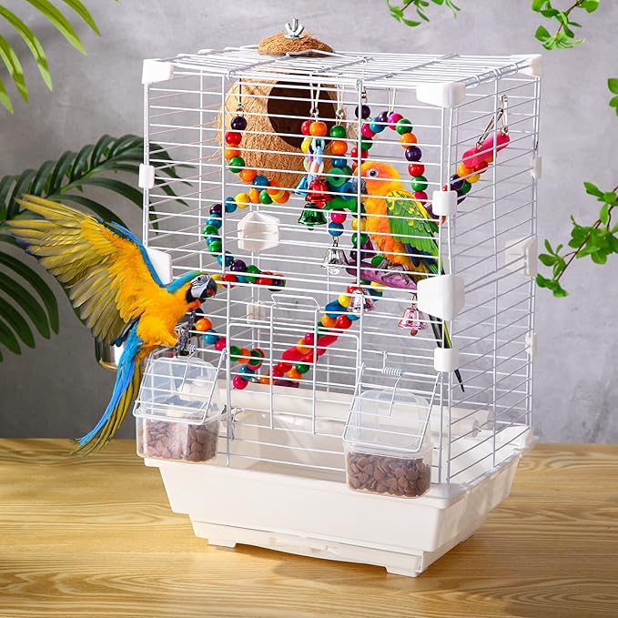 Parrot Starter Kit, 17.7" Bird Cage with Handle 6 Pcs Wood Bird Toys for Parakeets, Parrot Feeders Water Cage Bowls, Bird Cage Seed Catcher, Coconut Bird Nest Hut, Disposable Cage Liner