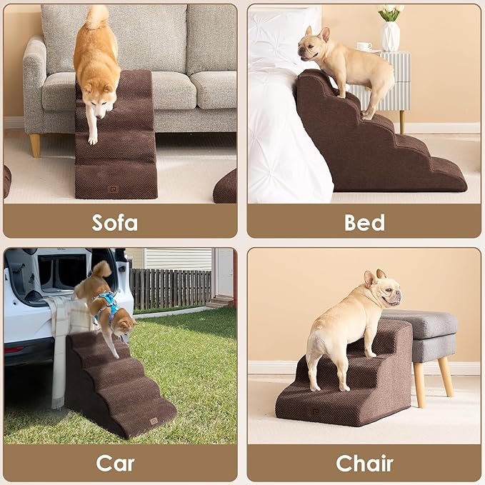 EHEYCIGA Curved Dog Stairs for High Beds 19.7" H, 4-Step Dog Steps for Small Dogs and Cats, Pet Stairs for High Bed Climbing, Non-Slip Balanced Pet Step Indoor, Brown