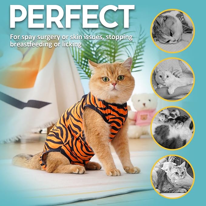 Avont Cat Recovery Suit, Cat Onesie for Cats After Spay Surgery Healing, Cat E-Collar Cone Alternative for Surgical Recovery Skin Diseases -Tiger(M+)