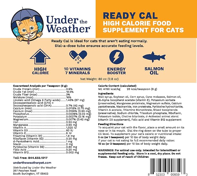 Under The Weather Pet | Ready Cal for Cats 100cc | High Calorie Supplement | Cat Weight Gainer and High Calorie Booster | 10 Vitamins, 7 Minerals & Omega Fatty Acids (for Cats 100cc)