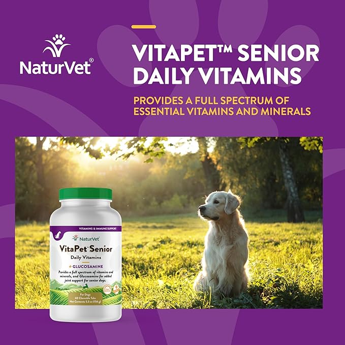 NaturVet –VitaPet Senior Daily Vitamins for Senior Dogs – Plus Glucosamine – Full Spectrum of Vitamins & Minerals – Enhanced with Glucosamine for Added Joint Support – 60 Time Release Tablets