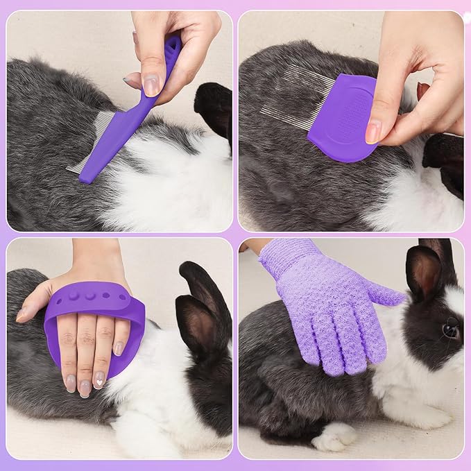 8 Pcs Small Animal Pink Grooming Kit, Rabbit Grooming Kit with Pet Nail Clipper and File, Flea Comb, Pet Shampoo Bath Brush , Pet Shedding Slicker Brush, Bath Massage Glove, Cleaning Comb