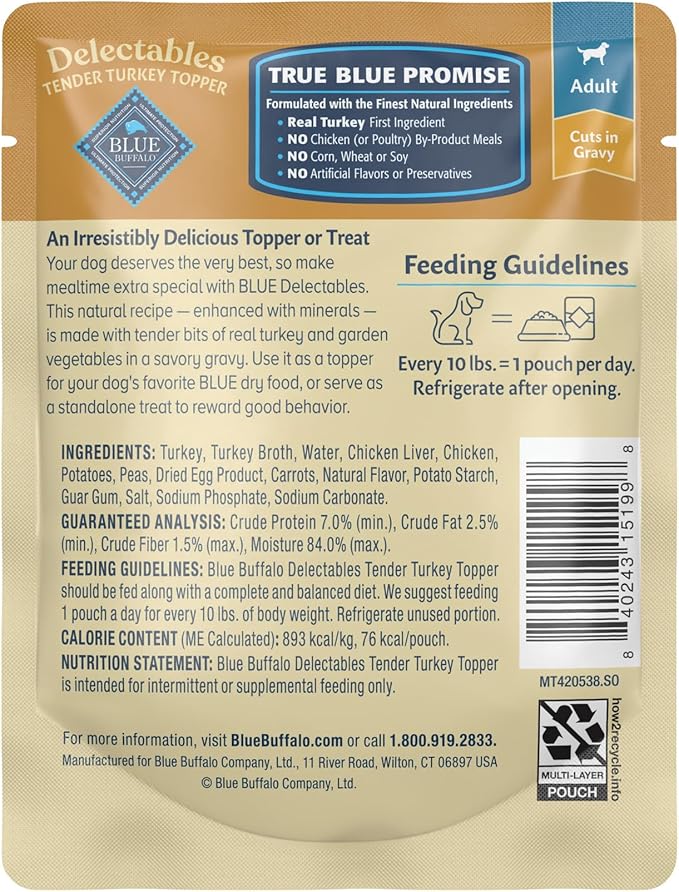 Blue Buffalo Delectables Natural Wet Dog Food Topper, Turkey Dinner 3oz (Pack of 24)