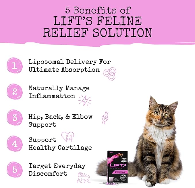 Lift Feline Pain Relief Supplement Inflammation Hip & Joint Support Vitamin for Cats - Natural Chrondroitin with Liposomal Delivery for Arthritis - Drug Free - All Ages