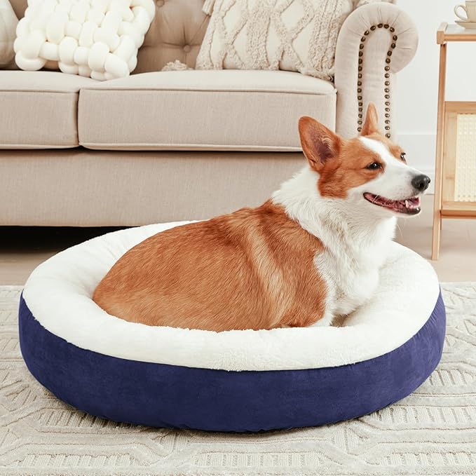 Love's cabin Round Donut Cat and Dog Cushion Bed, 25in Pet Bed for Small or Medium Dogs, Anti-Slip & Water-Resistant Bottom, Soft Durable Fabric Pet Beds, Washable Calming Cat & Dog Bed Navy